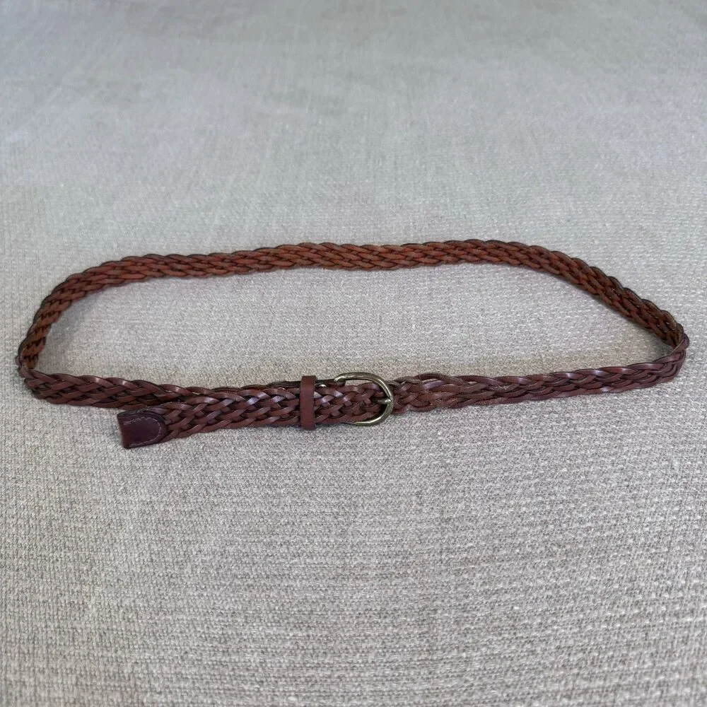 Vintage Classic Brown Leather Woven Belt Brass Buckle Sz S/M Preppy Women’s 549